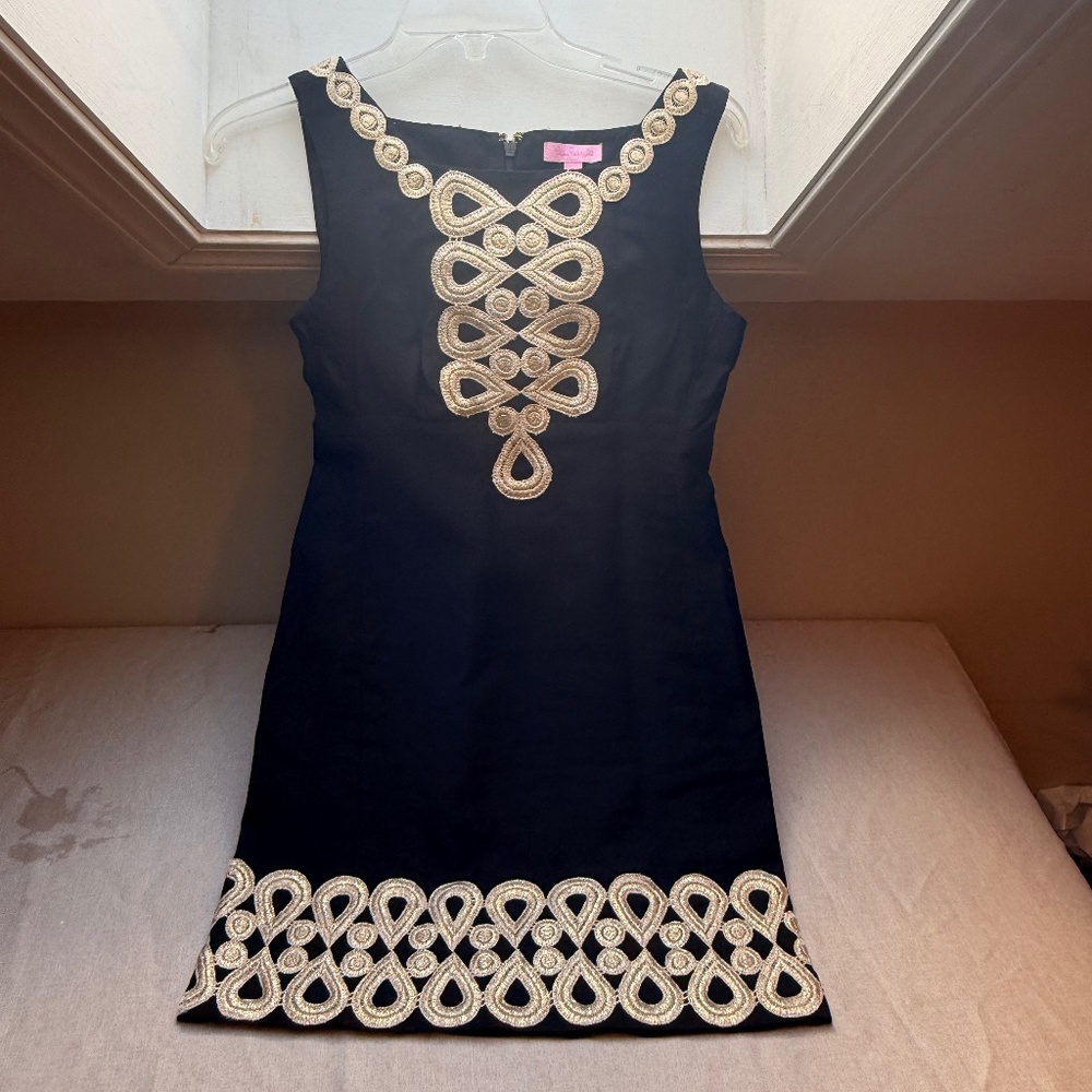 Lilly Pulitzer Adelson Sleeveless Shift Dress Black Gold Size 2